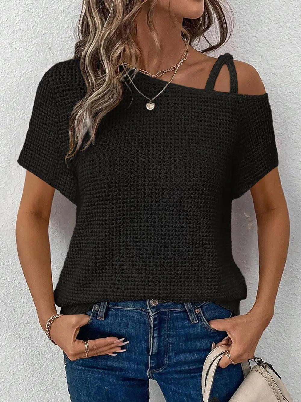 Asymmetrical Neck Short Sleeve T-Shirt - Which Mark