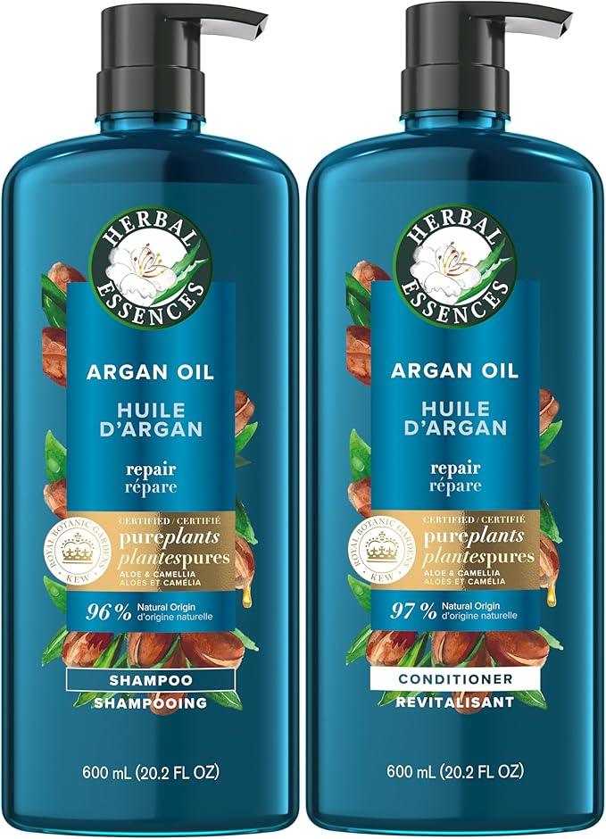 Herbal Essences Pure Plants Argan Oil Shampoo and Conditioner Set, with Certified Camellia Oil and Aloe Vera, For All Hair Types, Especially Damaged Hair, 1.2 L Total (2 Count of 600 mL Each) - Which Mark