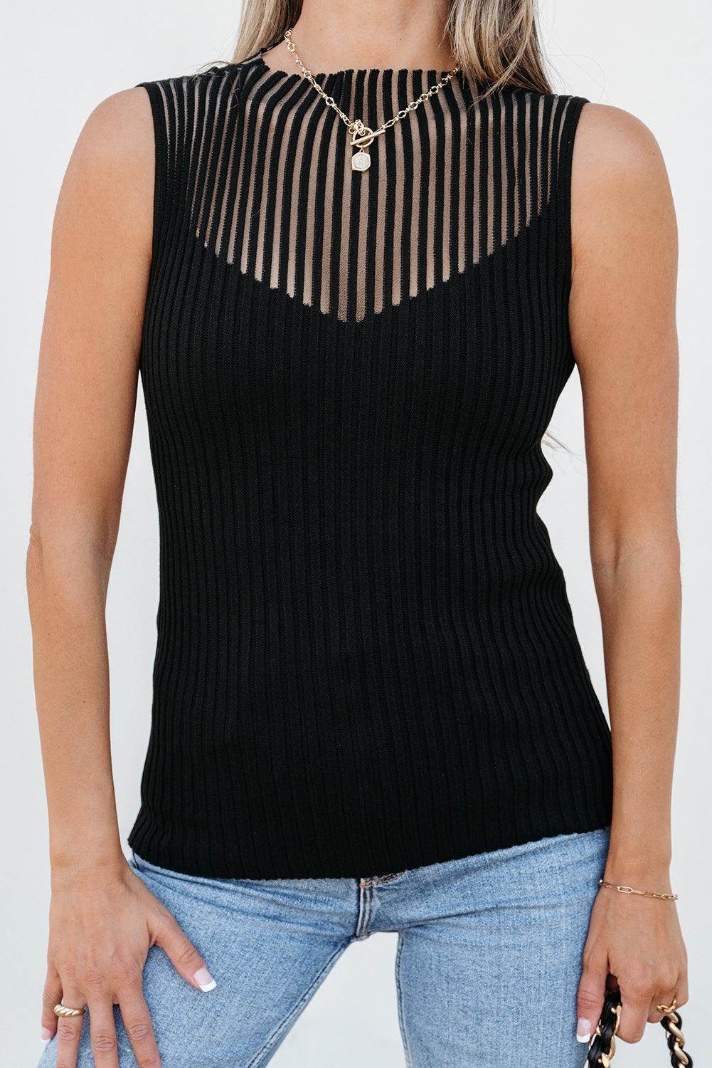Black Ribbed Texture Mesh Cutout Knitted Sweater Vest - Which Mark