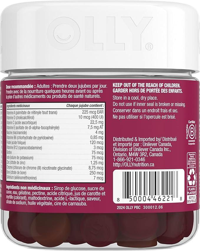 OLLY Women's Multi Gummy Supplement with no artificial flavours and colours Blissful Berry multivitamin to help support women's health 45 day supply 90 gummies - Which Mark