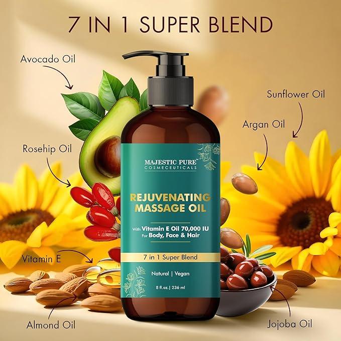 Majestic Pure Vitamin E 70k Blend Massage Oil with Sweet Almond, Jojoba, Argan, Avocado | Invigorating, Refreshing, and Relaxing | For All Skin Types - Men and Women | 8 Fl Oz - Which Mark