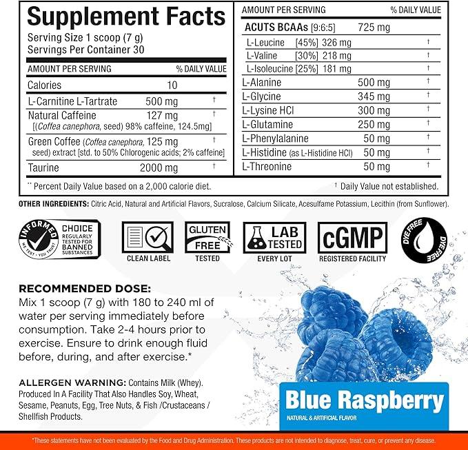 ALLMAX Nutrition ACUTS - Amino Acid Powder Supplement with Taurine, L-Carnitine, Green Coffee Bean Extract - Blue Raspberry - 252 g - Which Mark