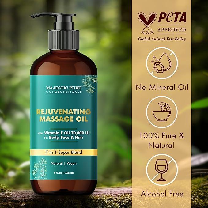 Majestic Pure Vitamin E 70k Blend Massage Oil with Sweet Almond, Jojoba, Argan, Avocado | Invigorating, Refreshing, and Relaxing | For All Skin Types - Men and Women | 8 Fl Oz - Which Mark