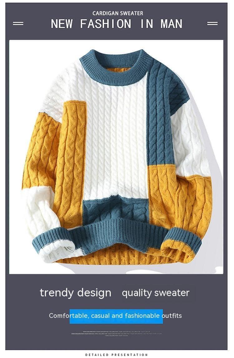 Men's Crew Neck Pullover Sweater Color Contrast Patchwork - Which Mark