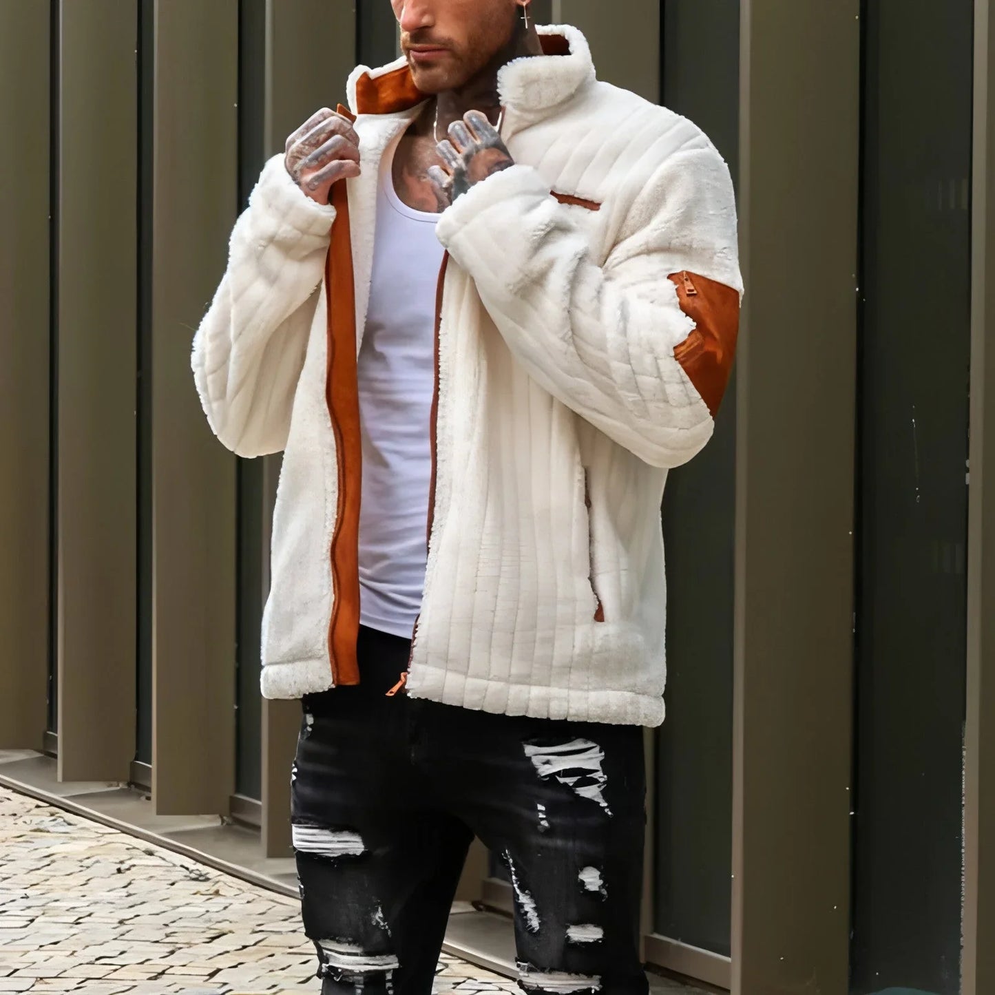 Color Collision Design Plush Jacket For Men - Which Mark