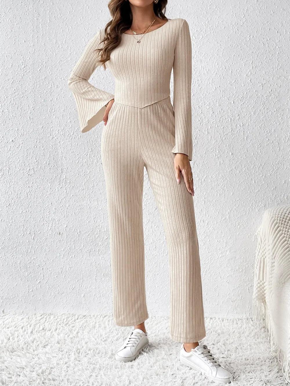 Ribbed Flare Sleeve Top and Pants Set - Which Mark