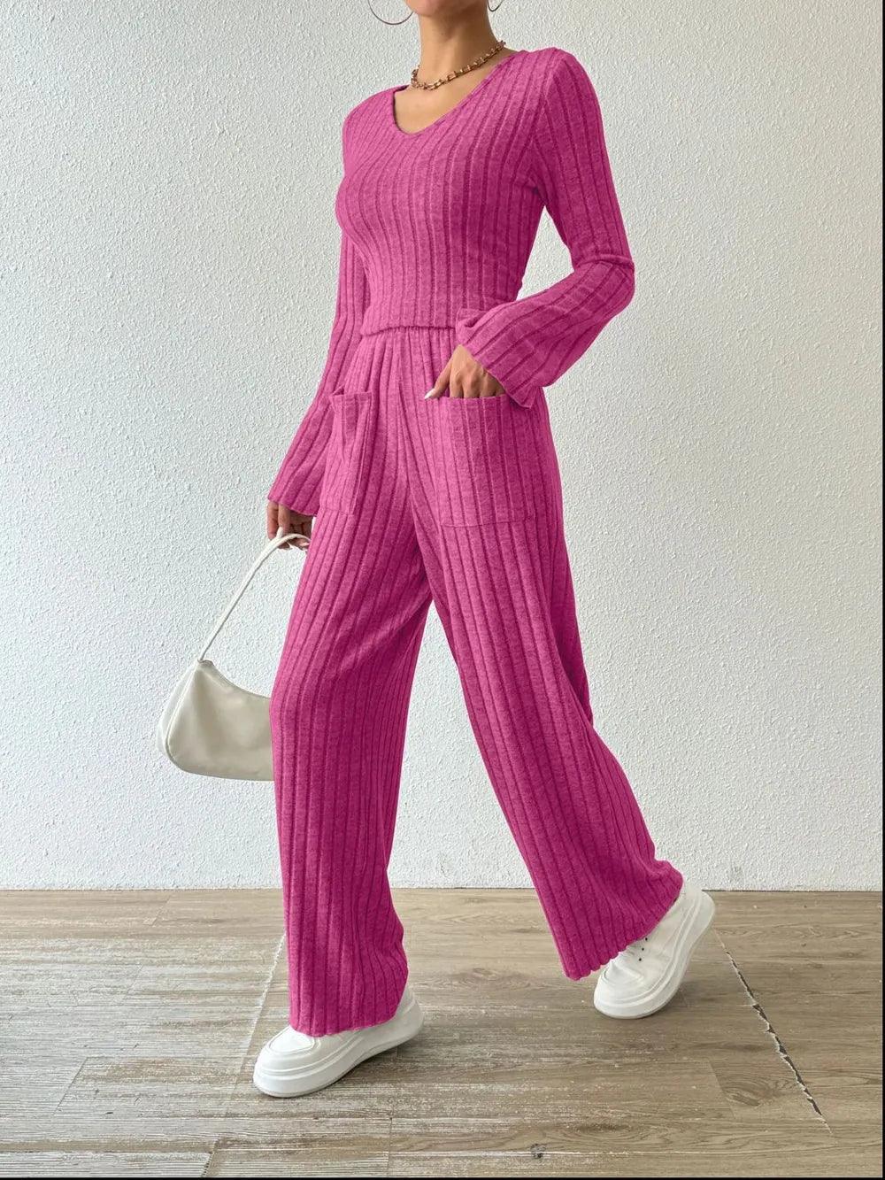Ribbed V-Neck Long Sleeve Top and Pocketed Pants Set - Which Mark