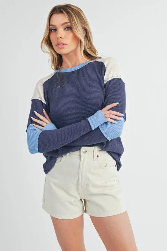 Aemi + Co Raw Seam Color Block Round Neck Knit Top - Which Mark