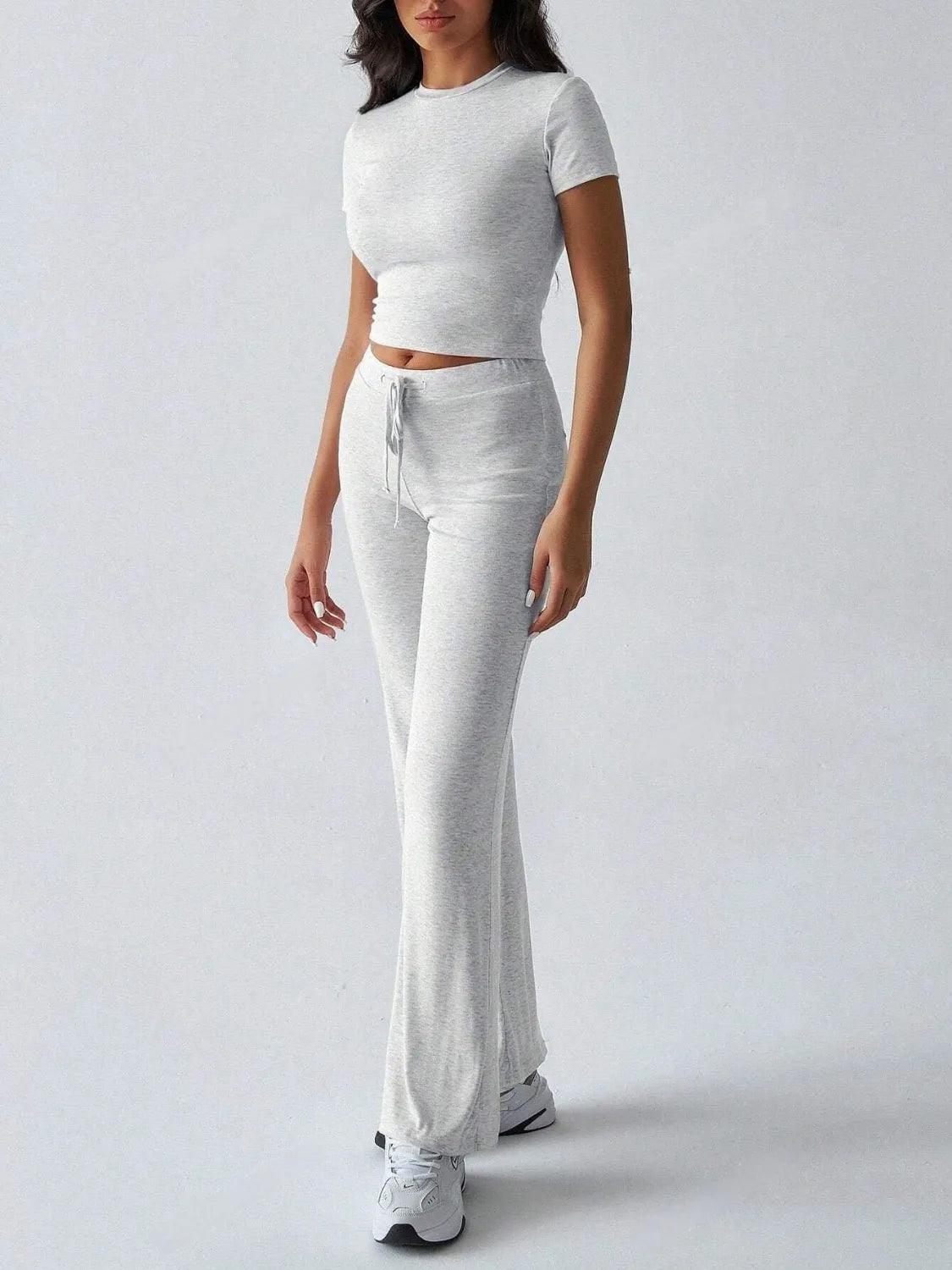 Round Neck Short Sleeve Top and Pants Set - Which Mark