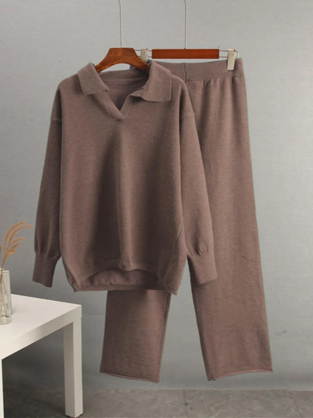 Johnny Collar Long Sleeve Top and Pants Sweater Set - Which Mark