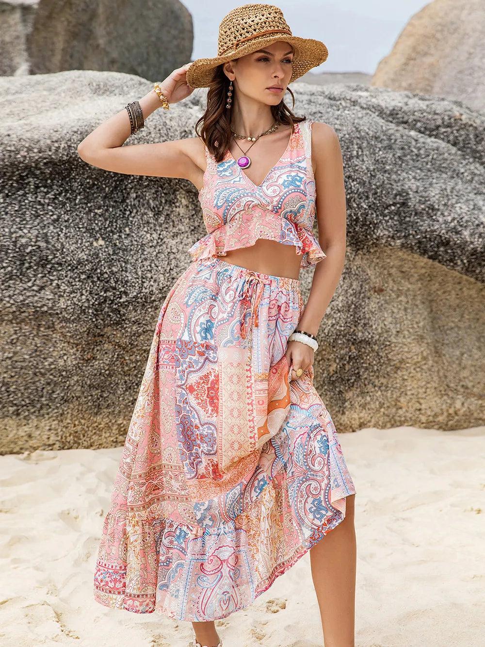 Printed V-Neck Top and Midi Skirt Set - Which Mark