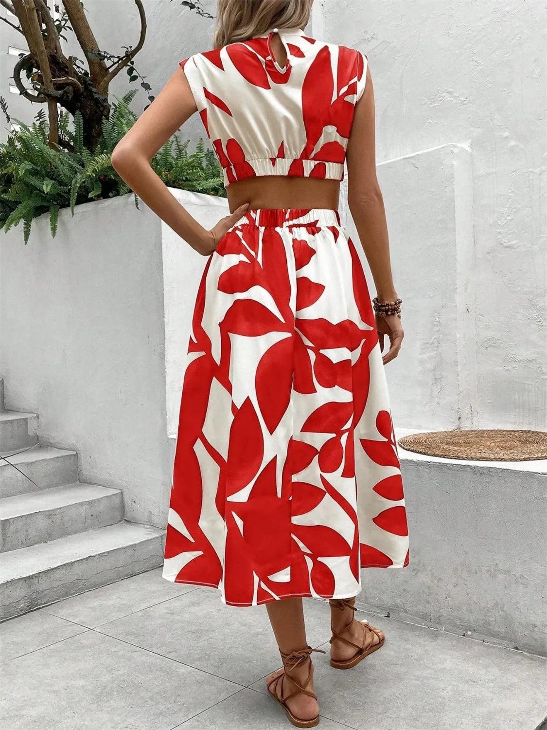 Cutout Printed Cap Sleeve Midi Dress - Which Mark