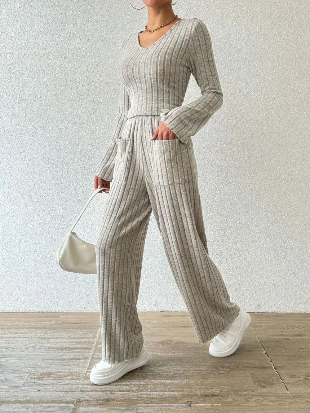 Ribbed V-Neck Long Sleeve Top and Pocketed Pants Set - Which Mark