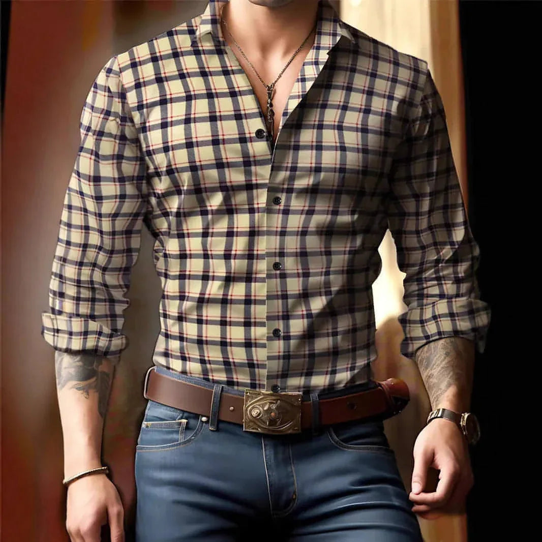 Breathable Volkswagen Casual Versatile Lattice Men's Long Sleeve Shirt - Which Mark