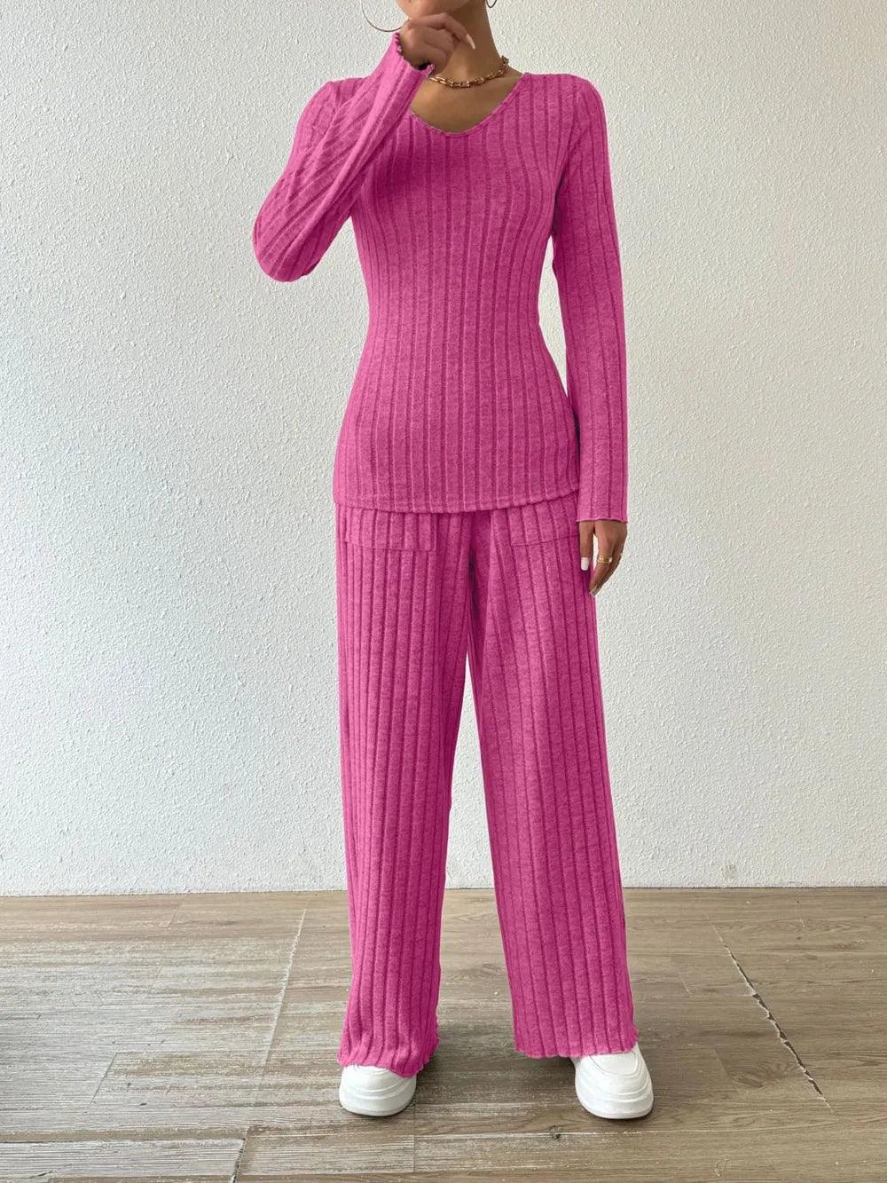 Ribbed V-Neck Long Sleeve Top and Pocketed Pants Set - Which Mark