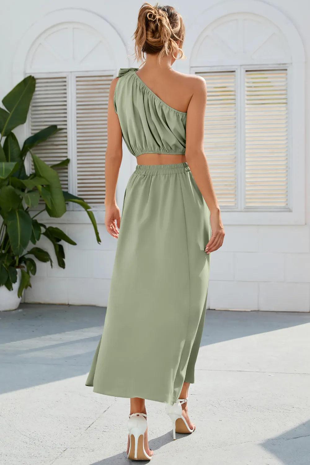 Ruched One Shoulder Top and Slit Skirt Set - Which Mark