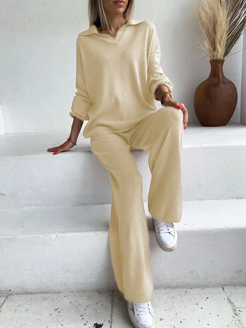 Johnny Collar Long Sleeve Top and Pants Sweater Set - Which Mark
