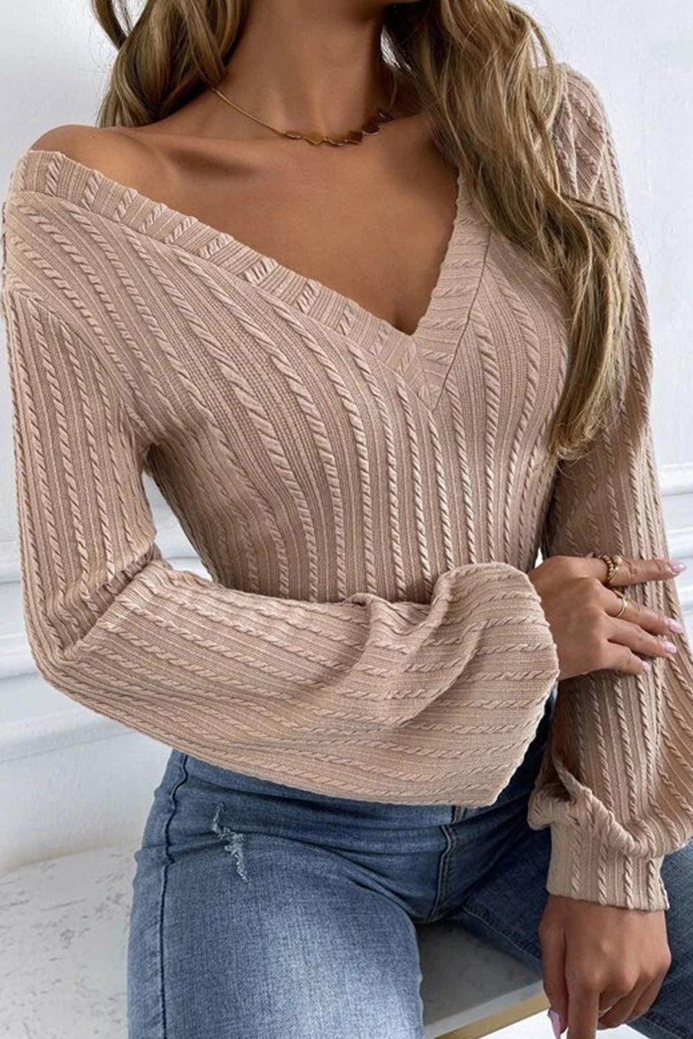 Khaki Knitted Jacquard V Neck Lantern Sleeve Top - Which Mark
