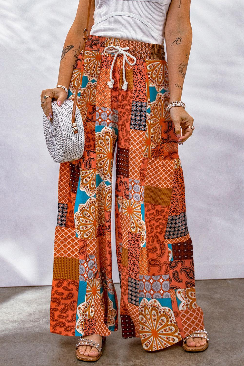 Bohemian Patchwork Drawstring Wide Leg Pants - Which Mark