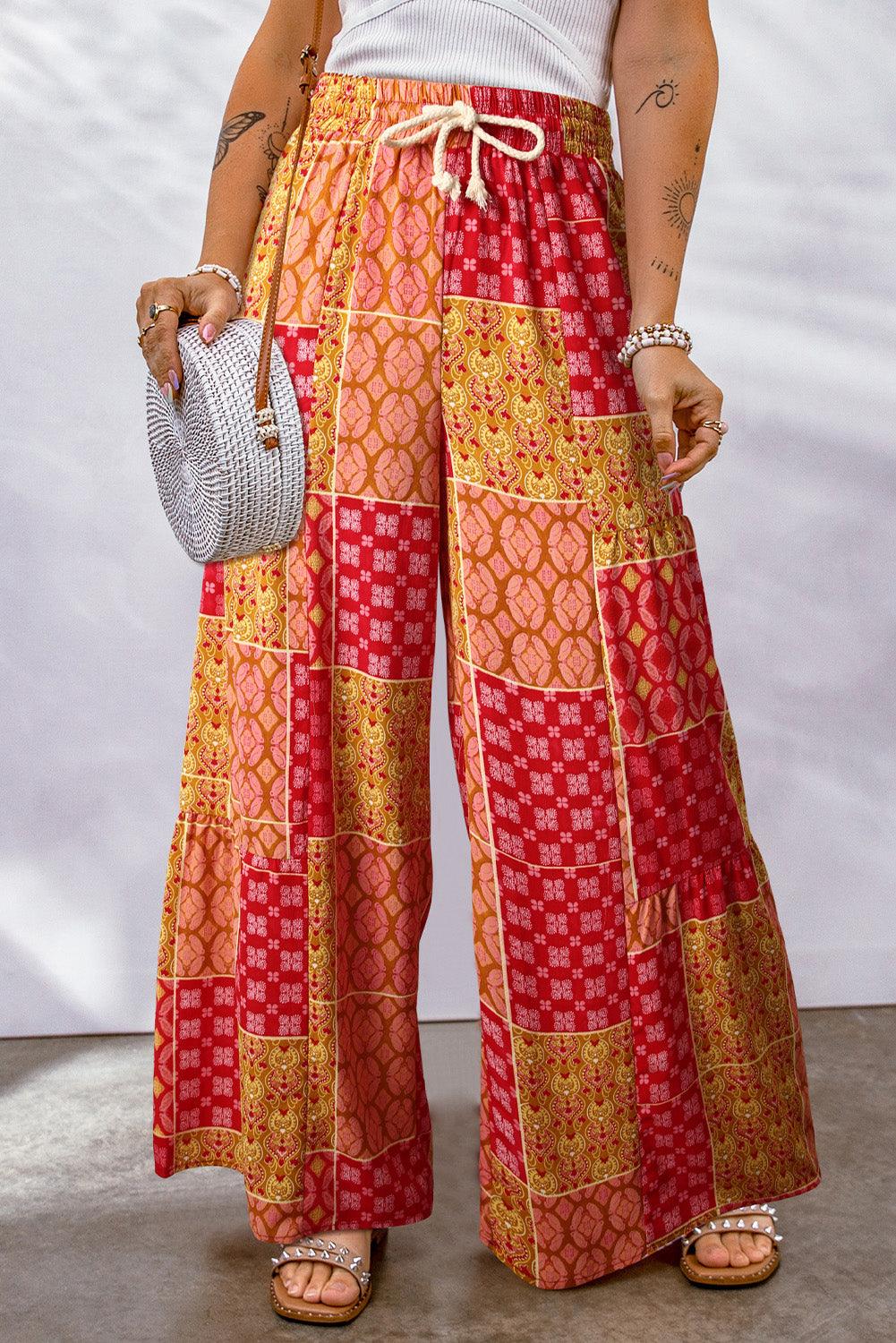 Bohemian Patchwork Drawstring Wide Leg Pants - Which Mark