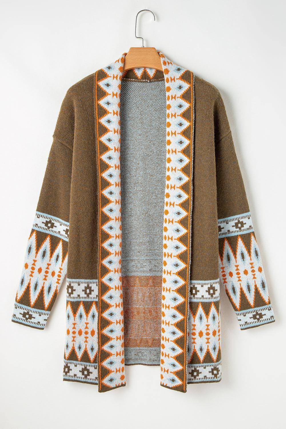 Brown Aztec Print Open Front Knitted Cardigan - Which Mark