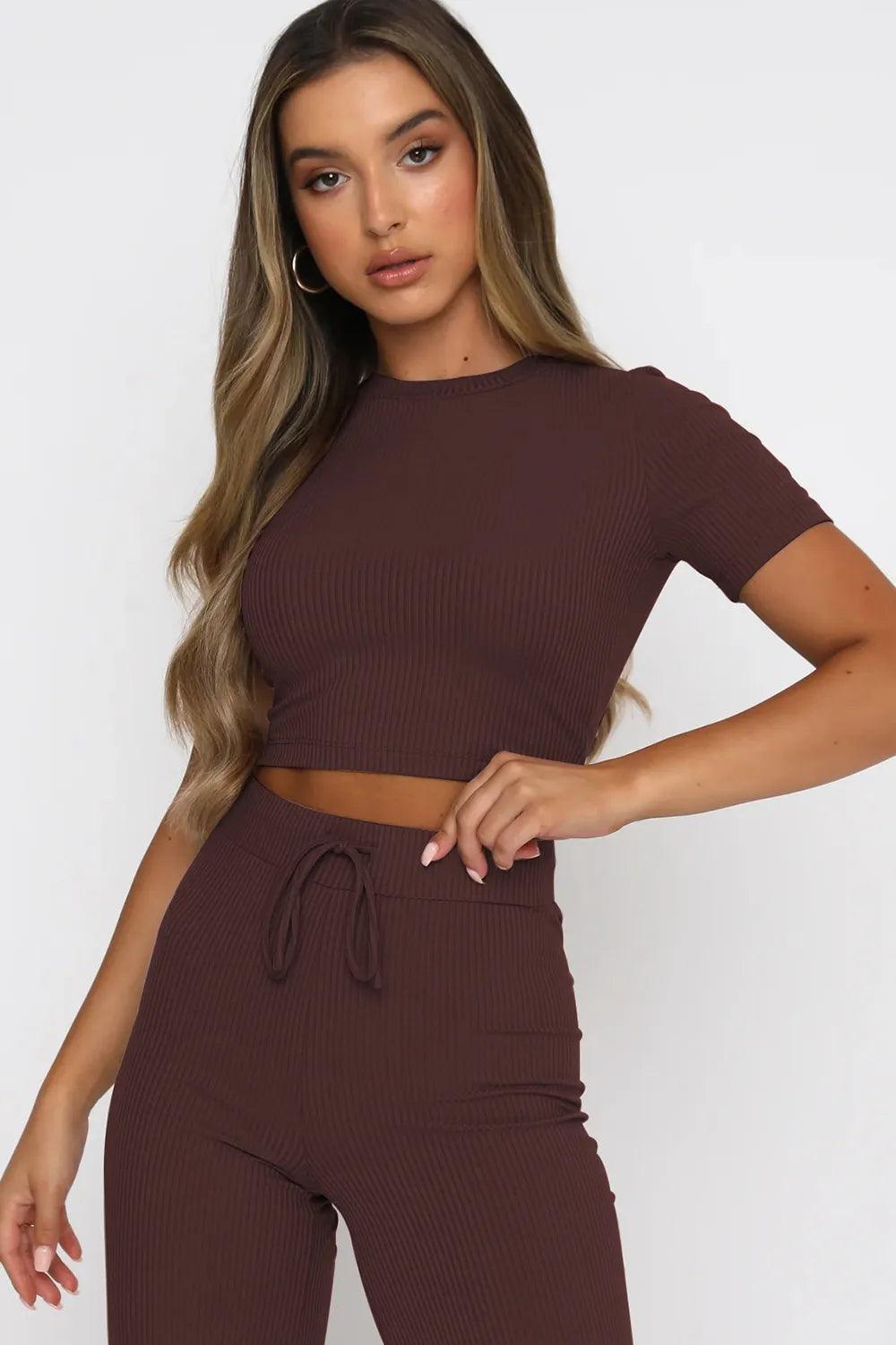 Round Neck Short Sleeve Top and Pants Set - Which Mark