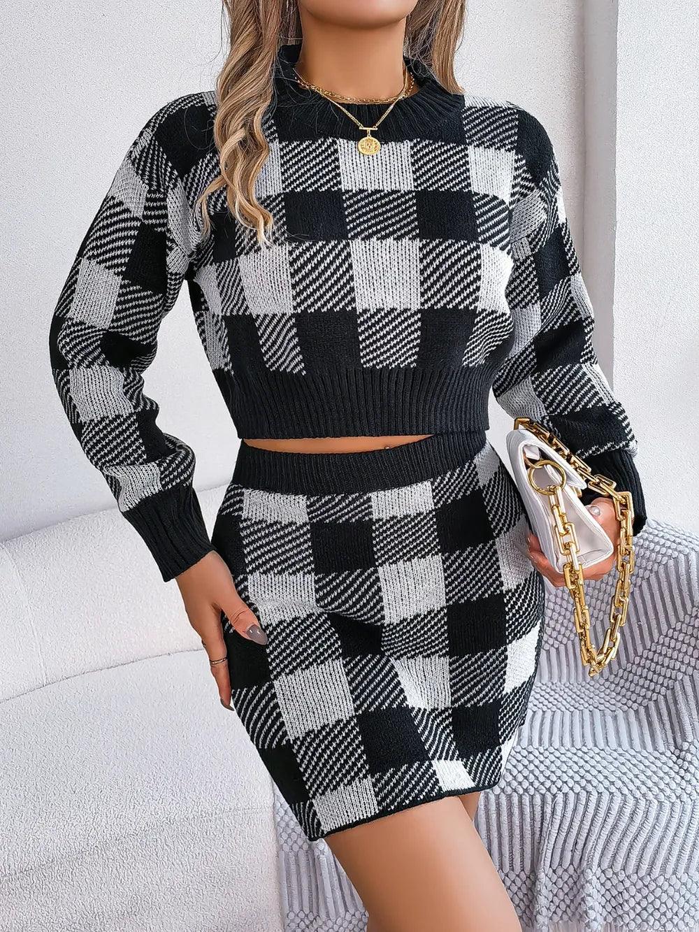 Plaid Round Neck Top and Skirt Sweater Set - Which Mark