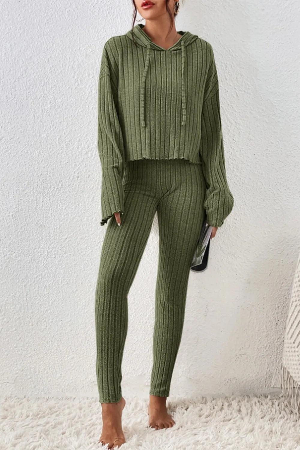 Lettuce Hem Dropped Shoulder Hooded Top and Pants Set - Which Mark