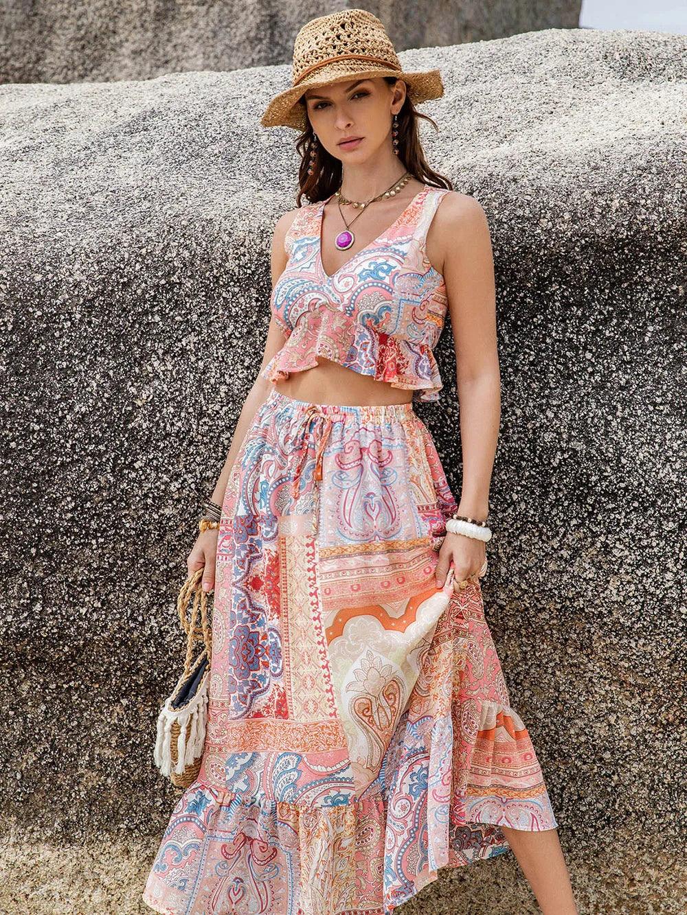 Printed V-Neck Top and Midi Skirt Set - Which Mark