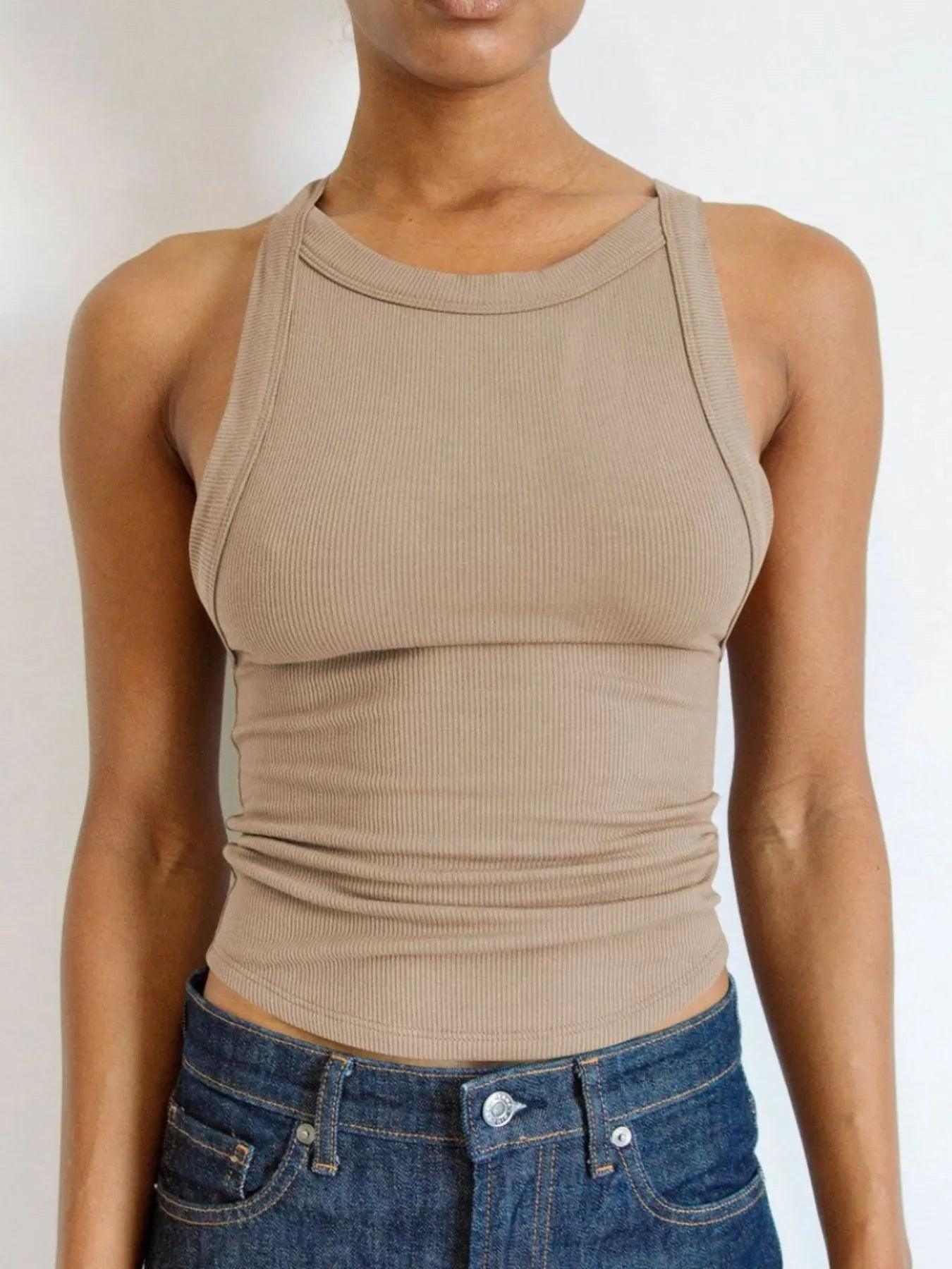 Asymmetrical Back Ribbed Crop Tank Top - Which Mark