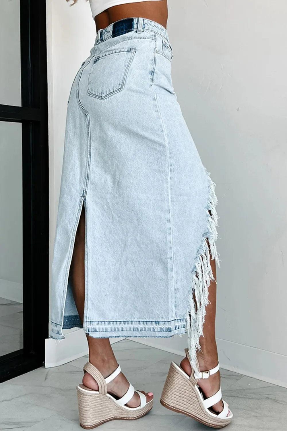 Asymmetric Distressed High-Low Denim Skirt - Which Mark