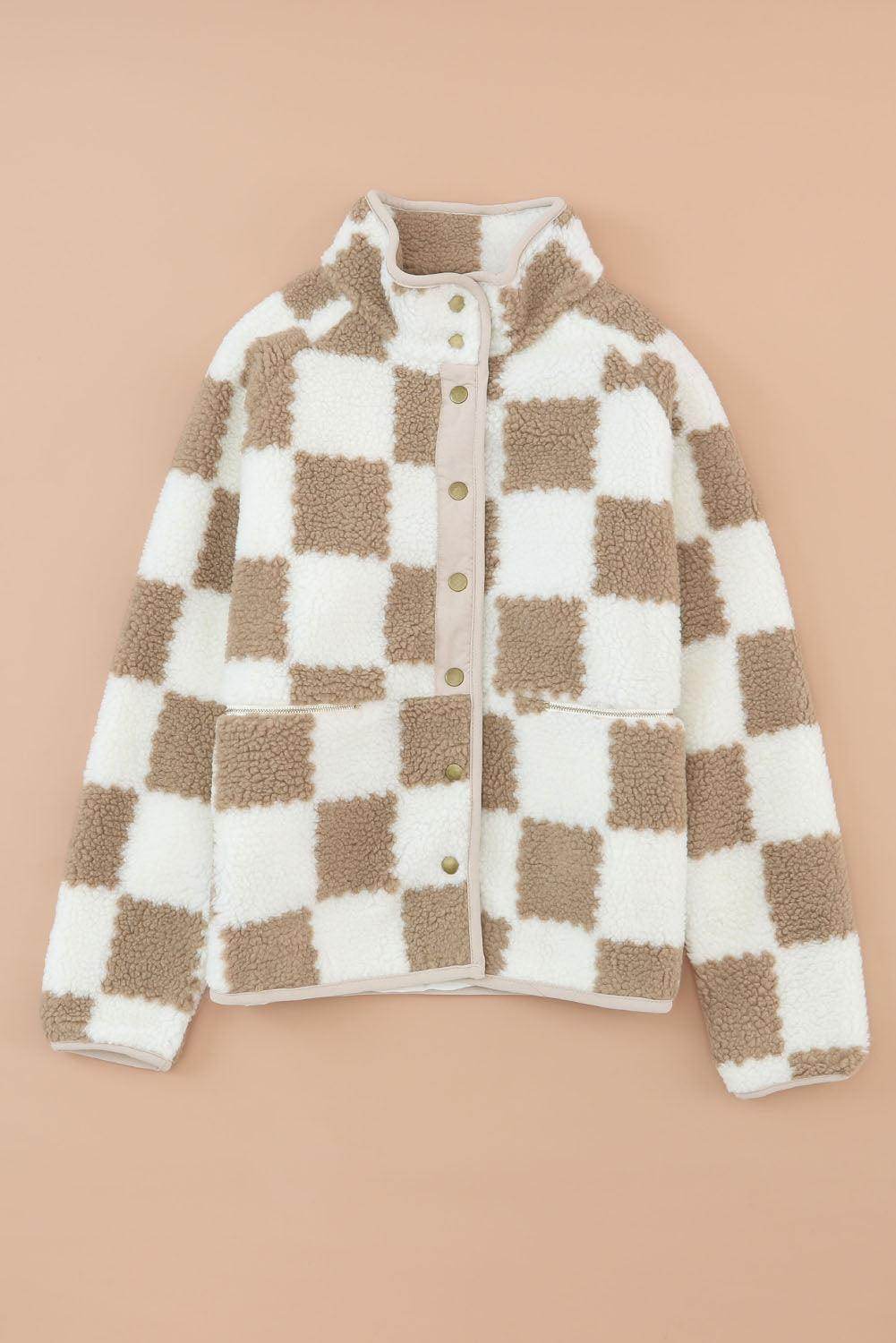 Brown Checked Snap Button Sherpa Jacket - Which Mark