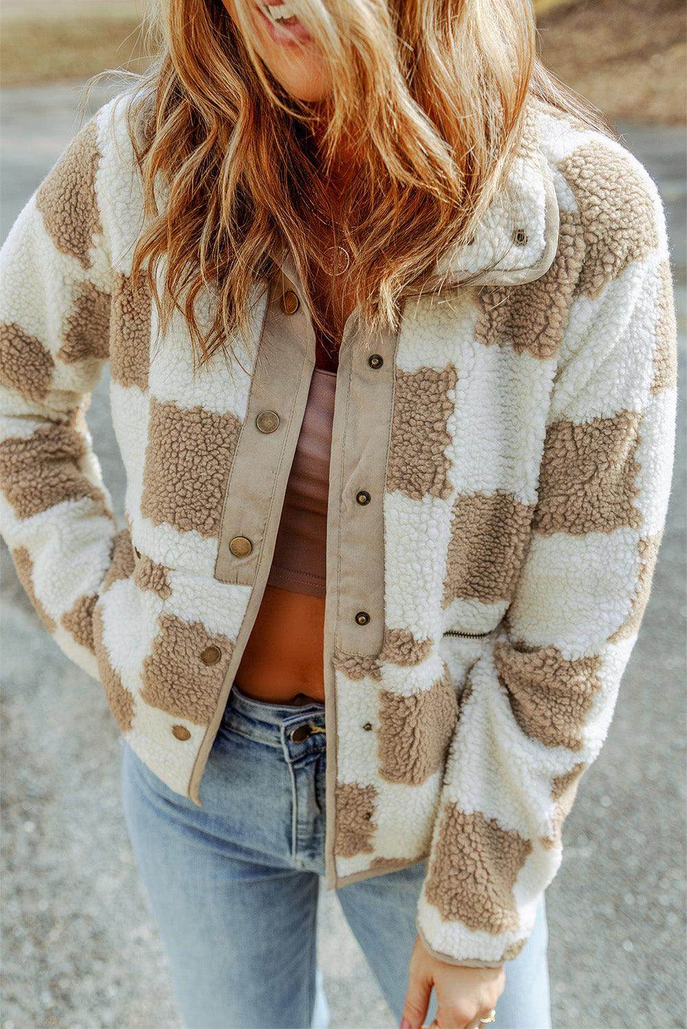 Brown Checked Snap Button Sherpa Jacket - Which Mark