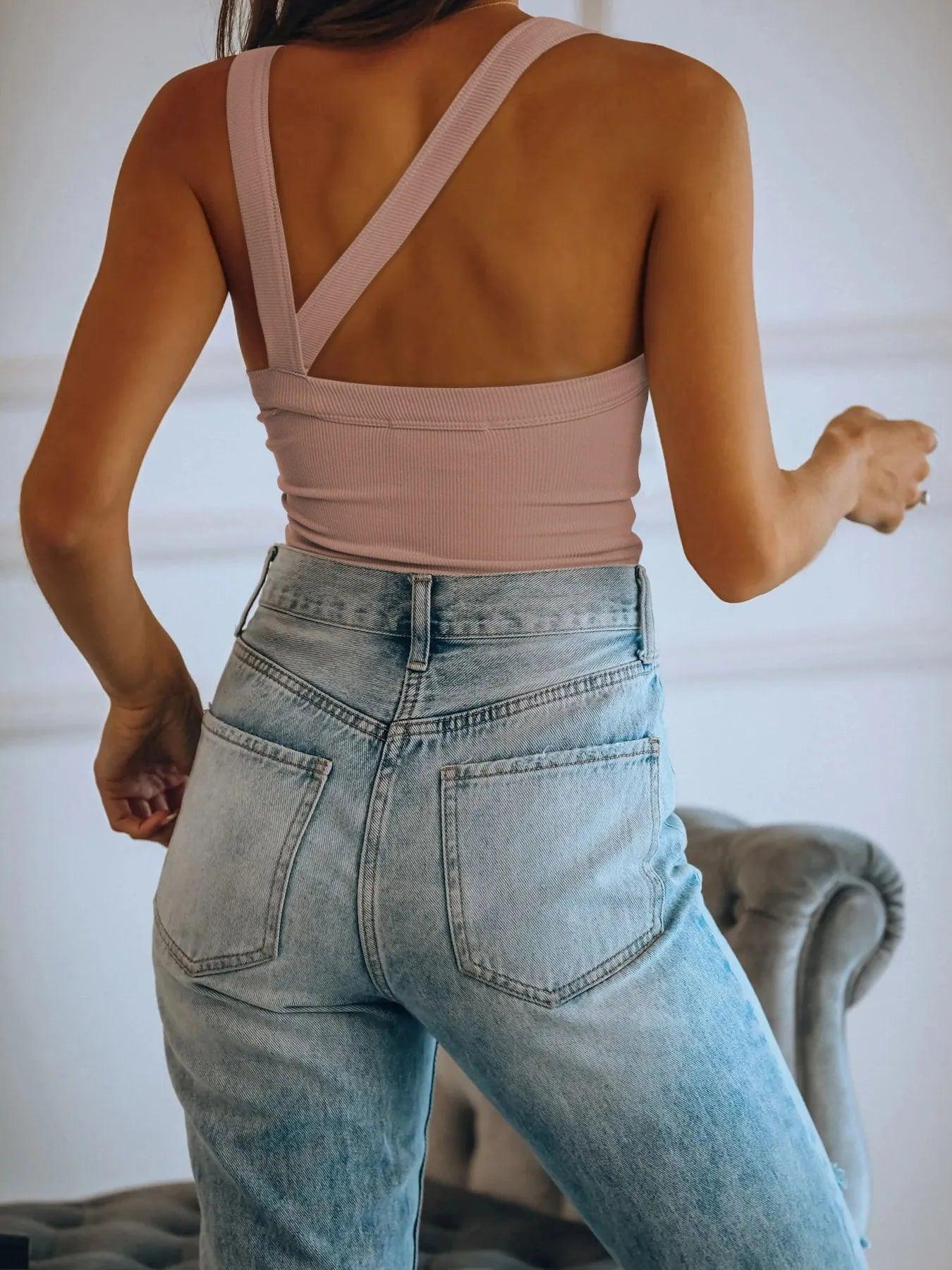Asymmetrical Back Ribbed Crop Tank Top - Which Mark