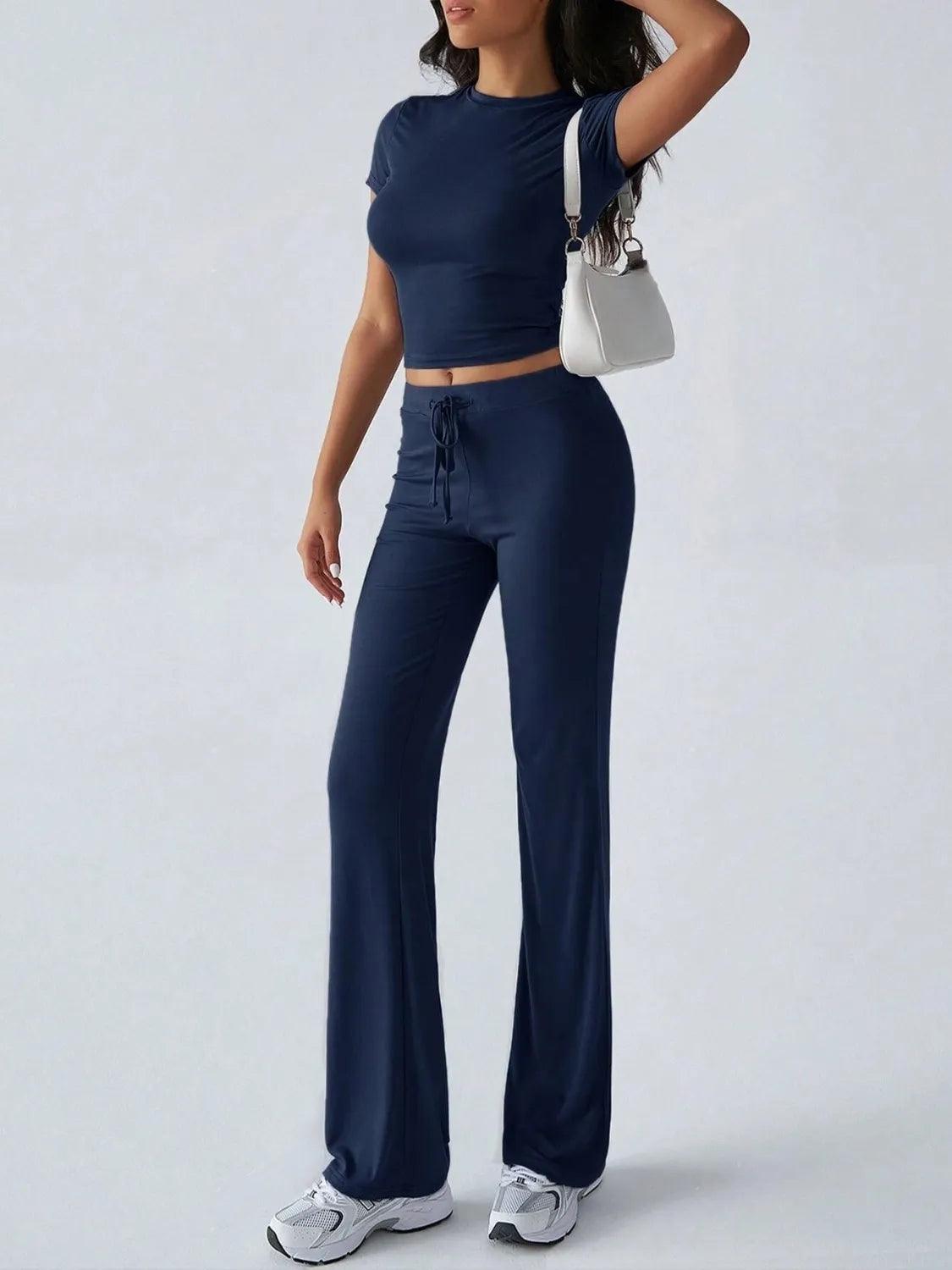 Round Neck Short Sleeve Top and Pants Set - Which Mark