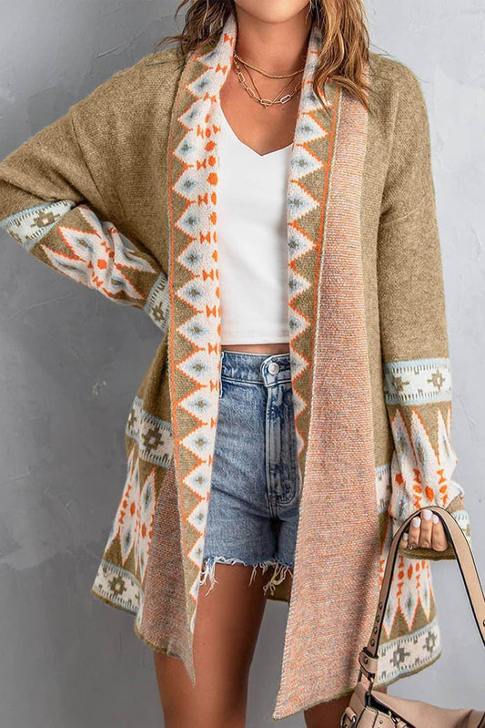 Khaki Aztec Print Open Front Knitted Cardigan - Which Mark