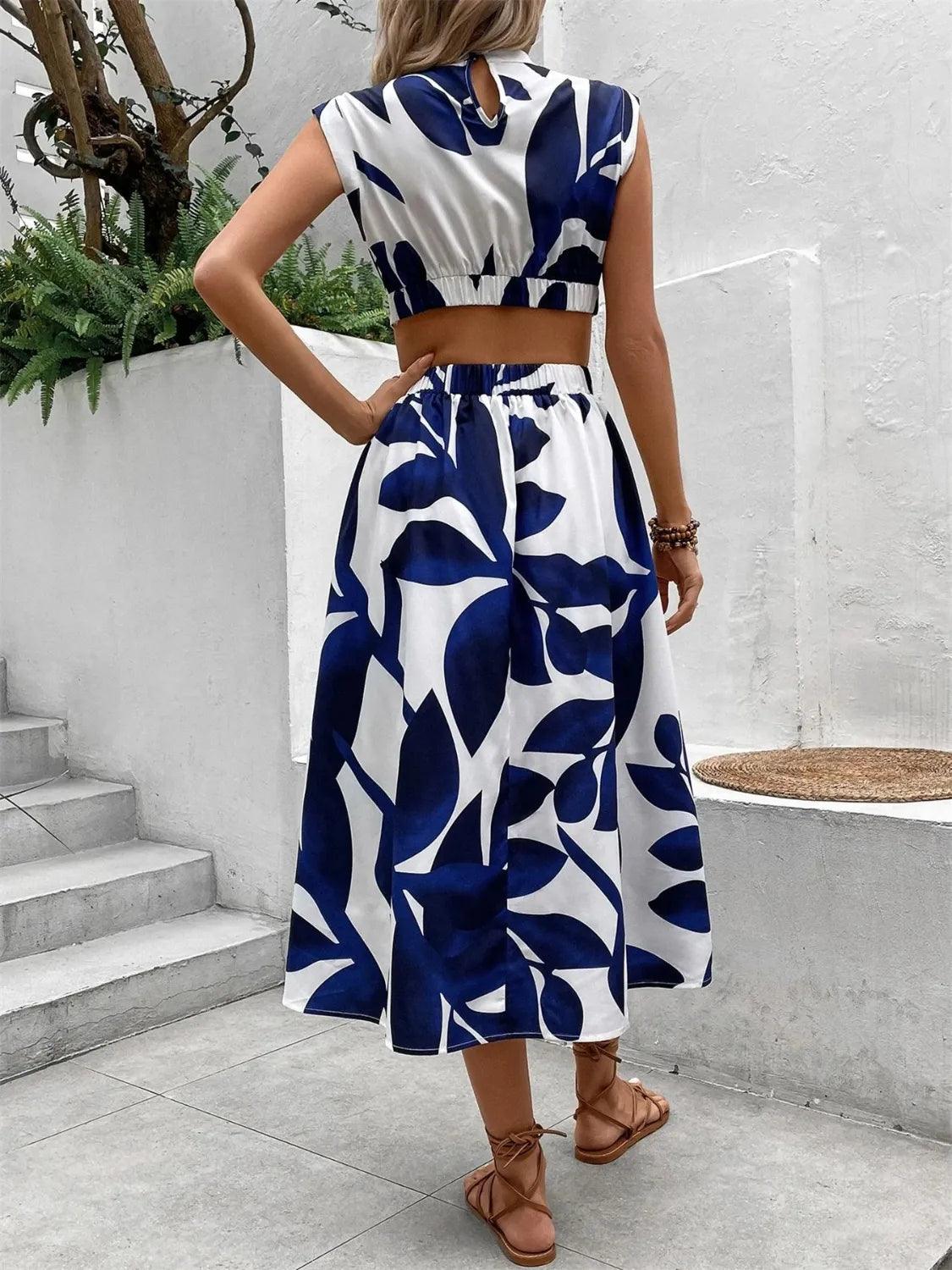 Cutout Printed Cap Sleeve Midi Dress - Which Mark