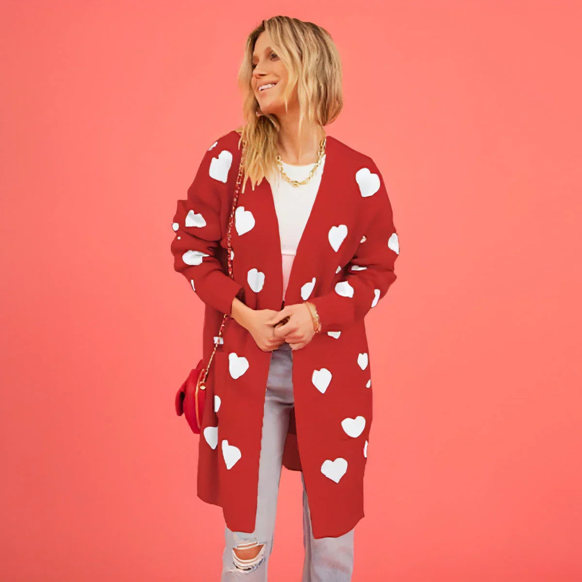 Heart Knitted Cardigan Love Pocket V-neck Mid-length Sweater - Which Mark