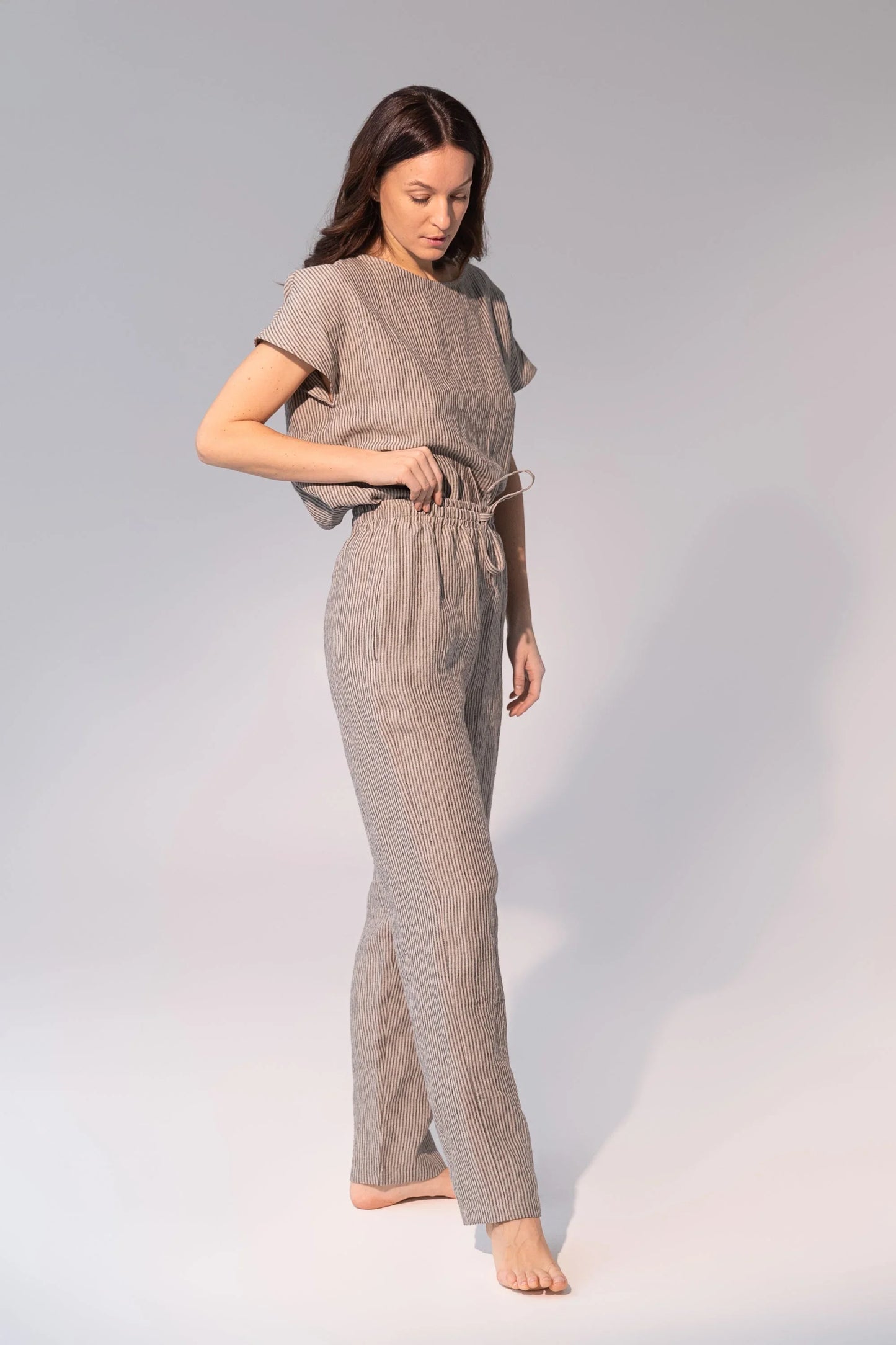 Striped Dark Grey linen / Natural Linen Pajama set / Linen loungewear - Which Mark