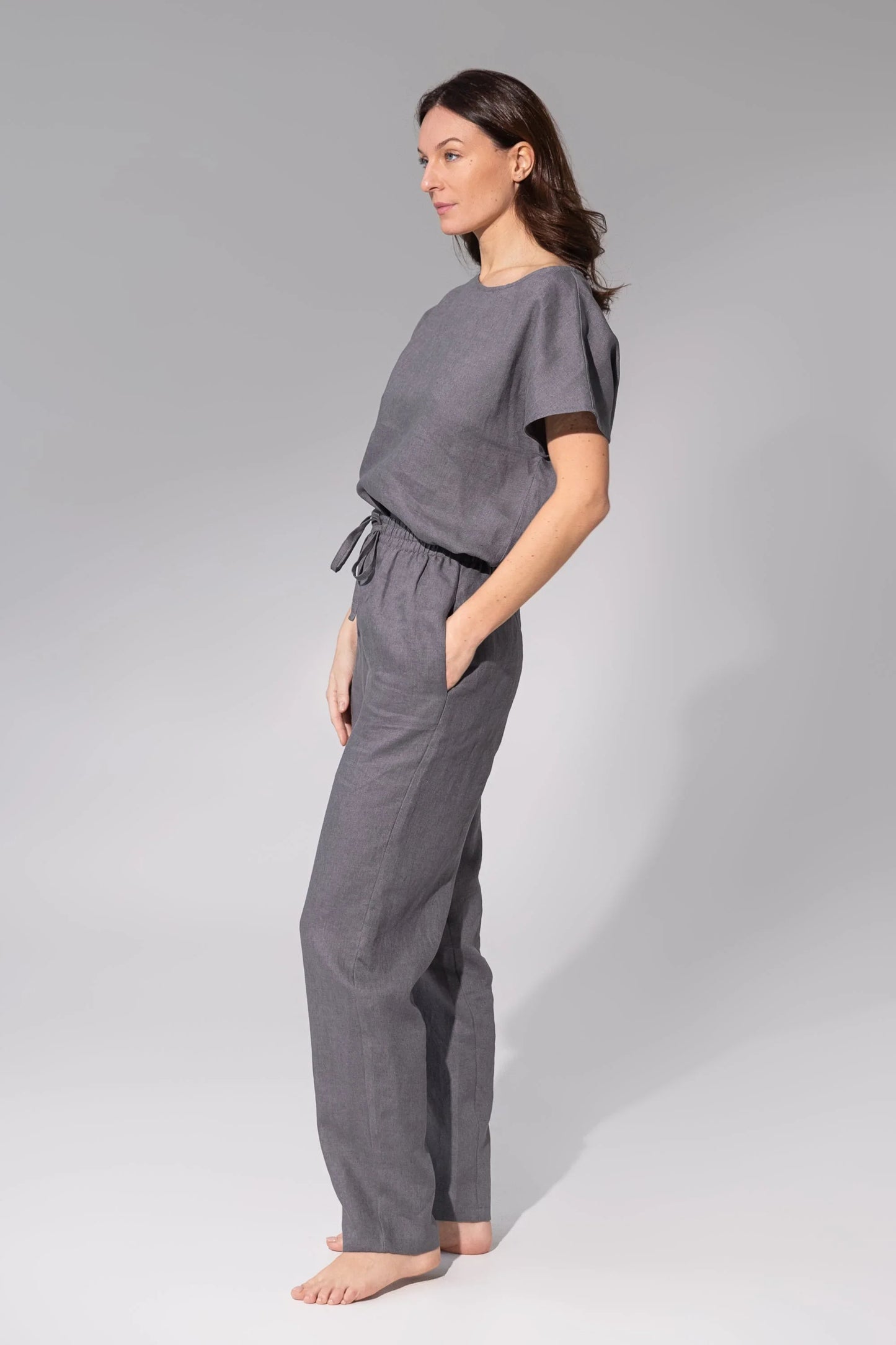 Striped Dark Grey linen / Natural Linen Pajama set / Linen loungewear - Which Mark