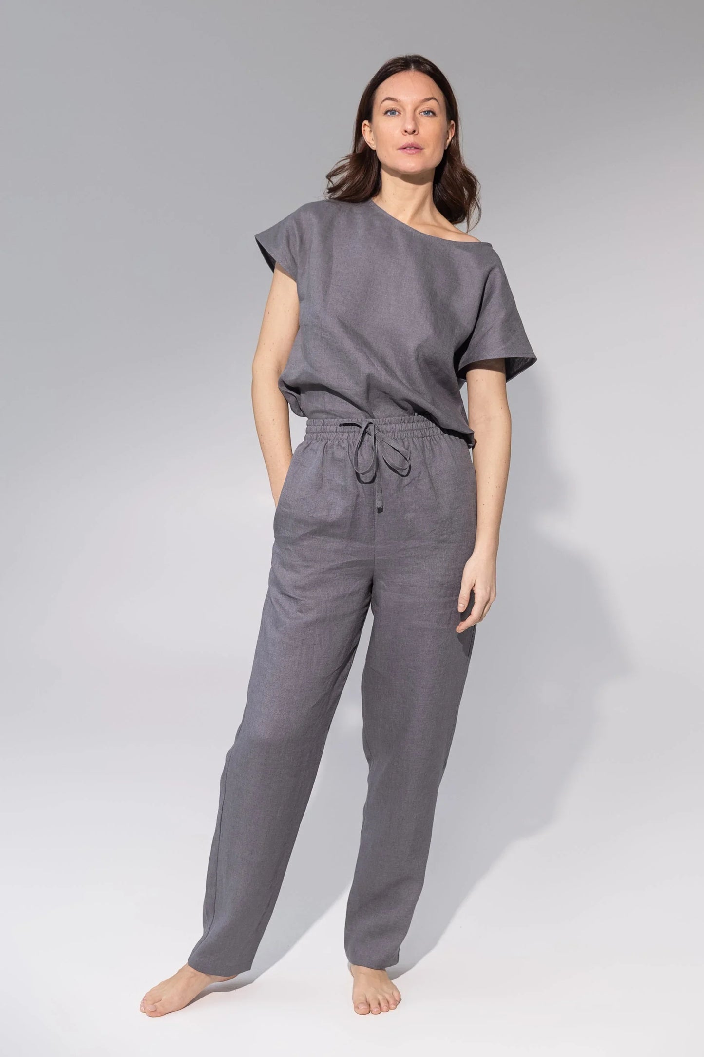 Striped Dark Grey linen / Natural Linen Pajama set / Linen loungewear - Which Mark