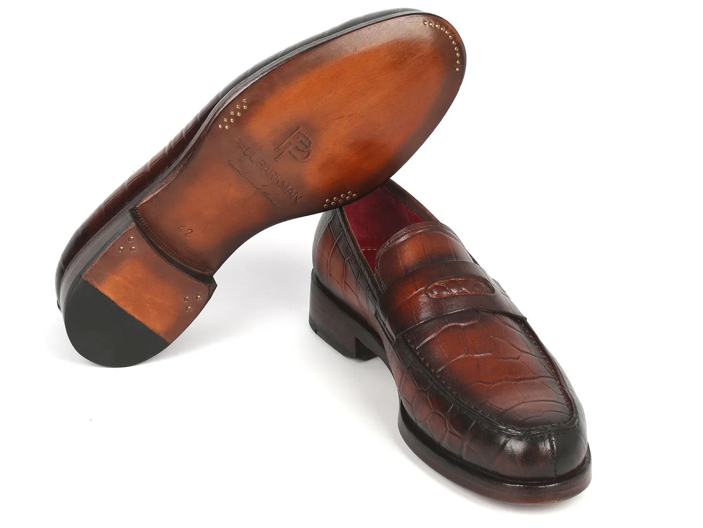 Paul Parkman Brown Crocodile Embossed Calfskin Penny Loafers - Which Mark