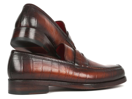 Paul Parkman Brown Crocodile Embossed Calfskin Penny Loafers - Which Mark