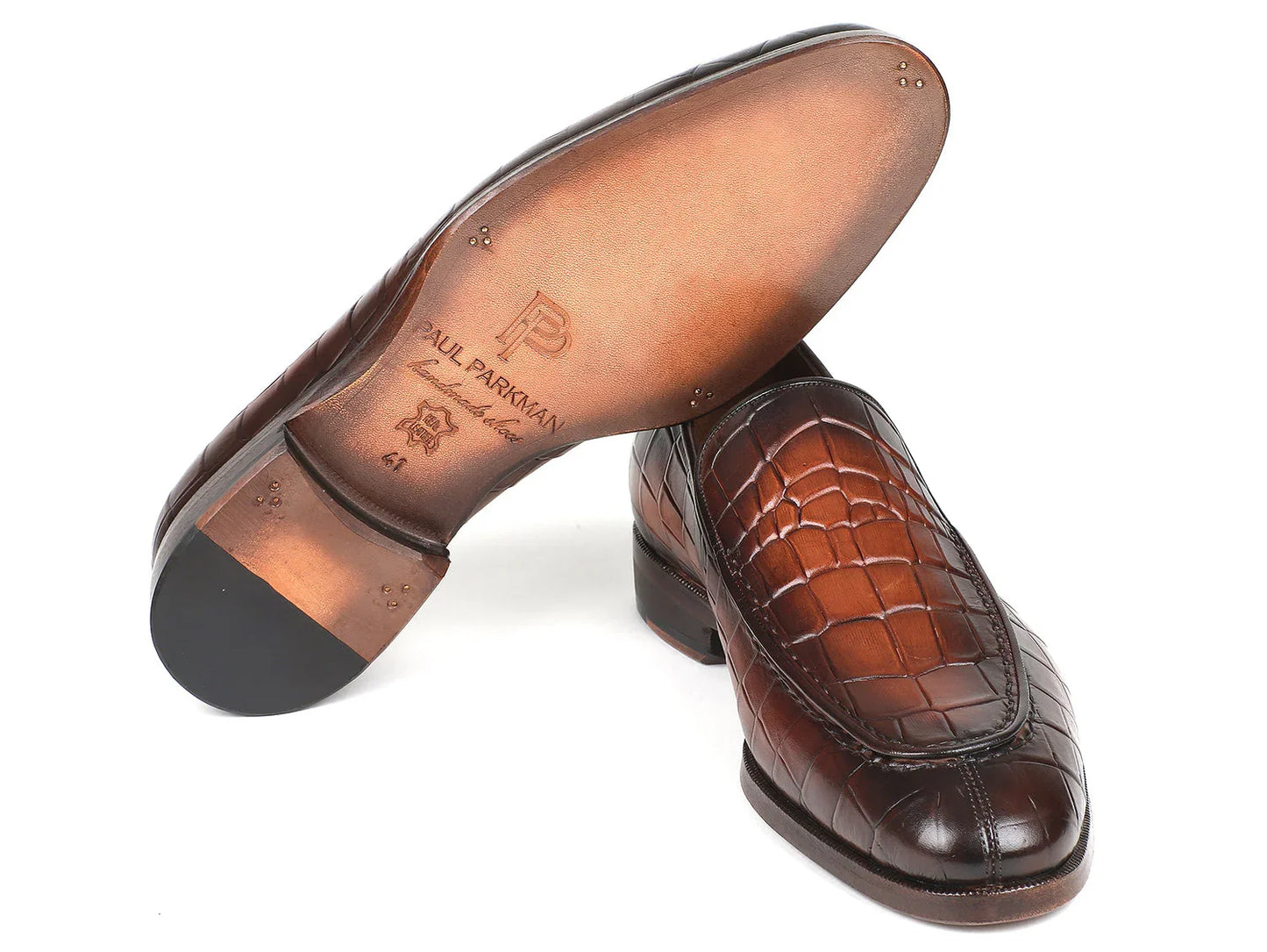Paul Parkman Brown Burnished Crocodile Embossed Calfskin Loafer - Which Mark