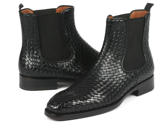 Paul Parkman Black Woven Leather Chelsea Boots (ID#92WN87-BLK) - Which Mark