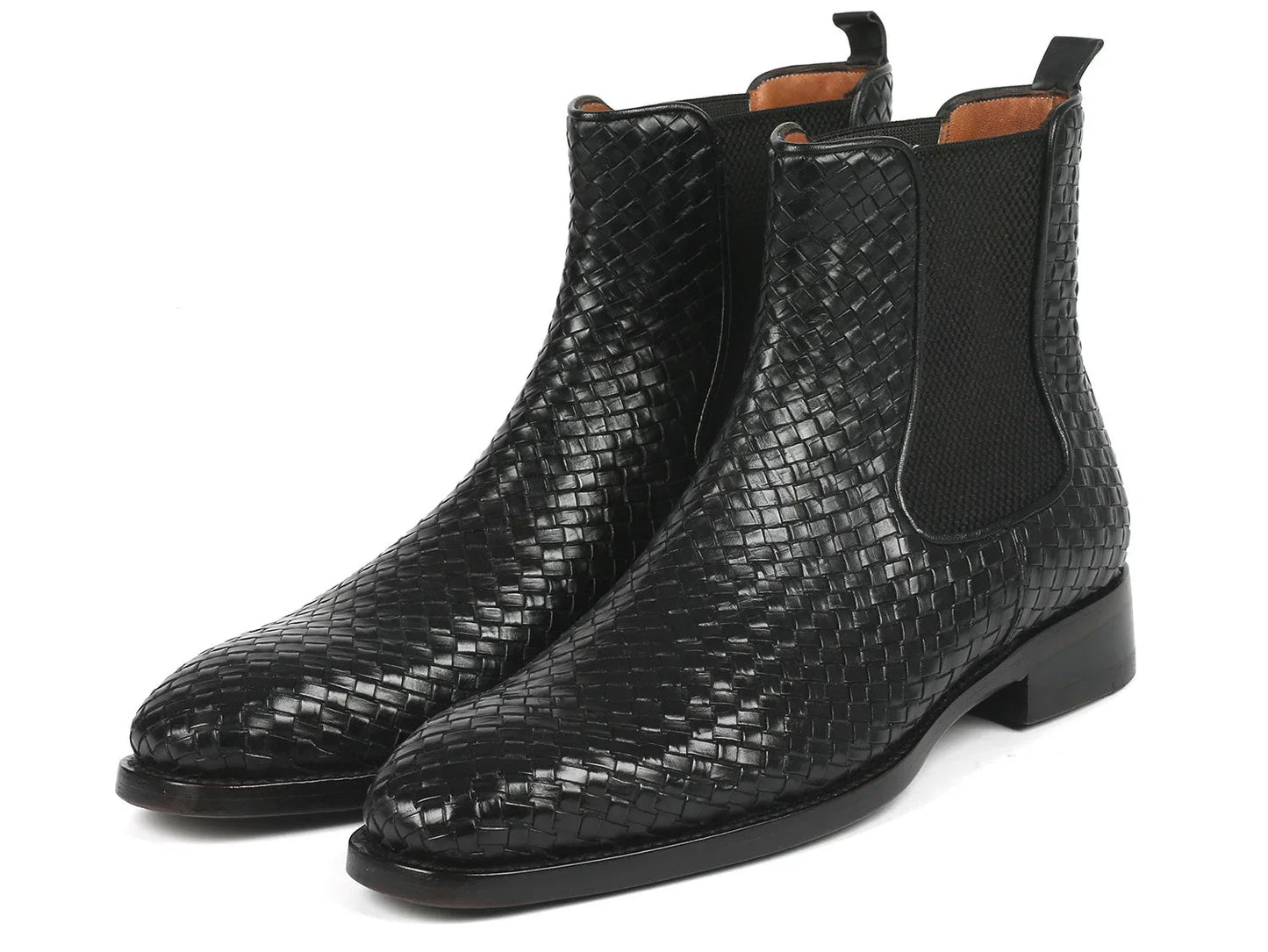 Paul Parkman Black Woven Leather Chelsea Boots (ID#92WN87-BLK) - Which Mark