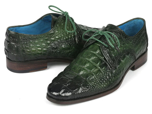 Paul Parkman Men's Green Croco Textured Leather Derby Shoes - Which Mark