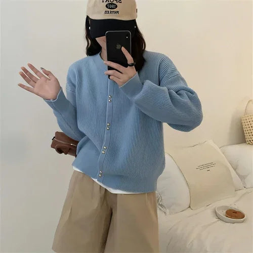 Korean Style Women's Long Sleeve Sweater Coat - Which Mark