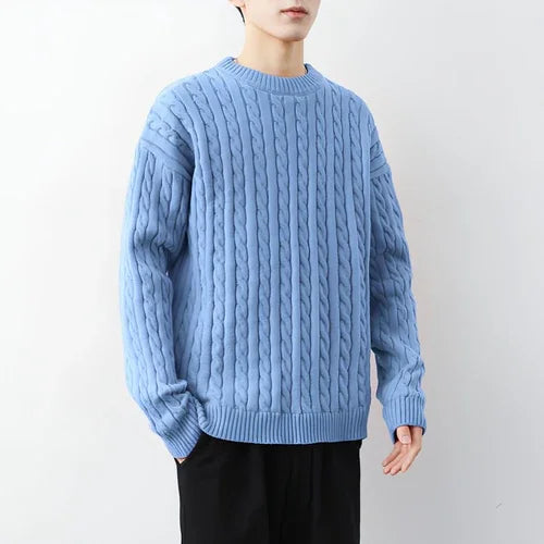 Men's Thick Solid Color Loose Round Neck Twisted Twisted Sweater - Which Mark