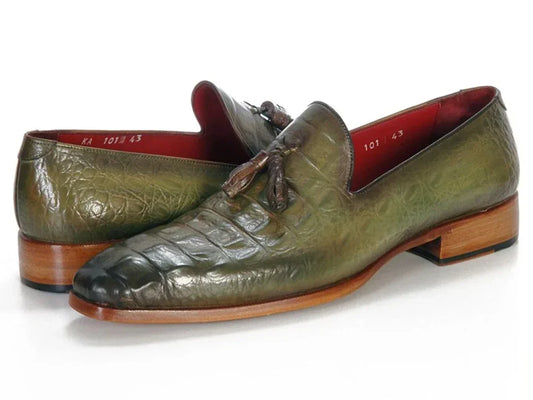 Paul Parkman Men's Green Crocodile Embossed Calfskin Tassel Loafer - Which Mark